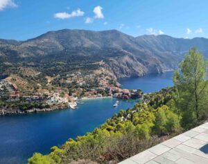 The path leading up to Assos castle with views down to Assos village and beach.