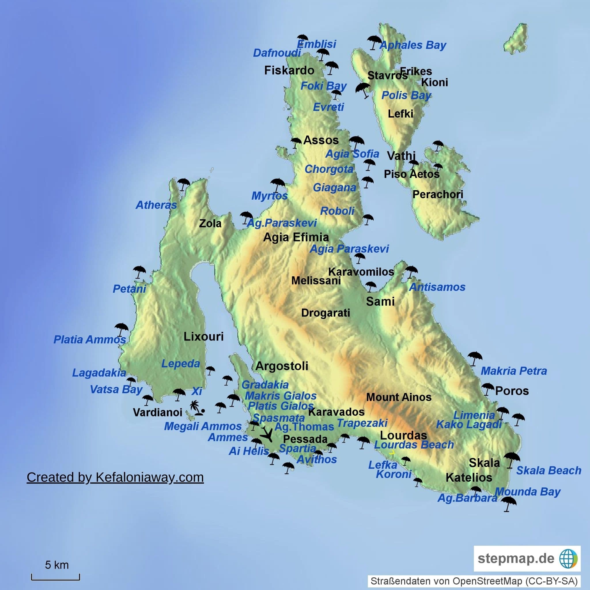 Map of Kefalonia and Ithaca with beaches 